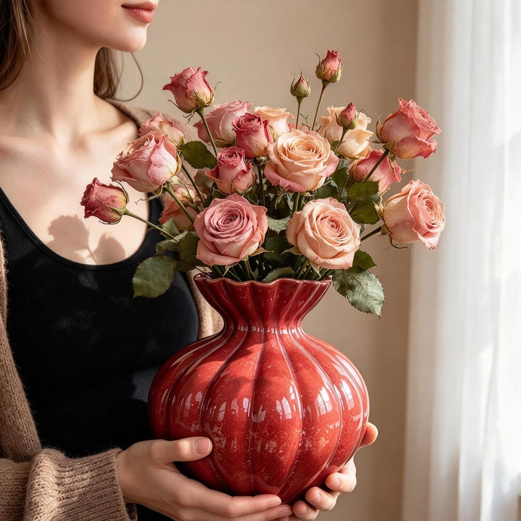 Ceramic Vase, Modern Boho Flower Vase for Home Decor, Unique Vase for Farmhouse Living Room Cabinet Table Centerpieces Wedding Decorations (Extra-Wide-Orange Red)