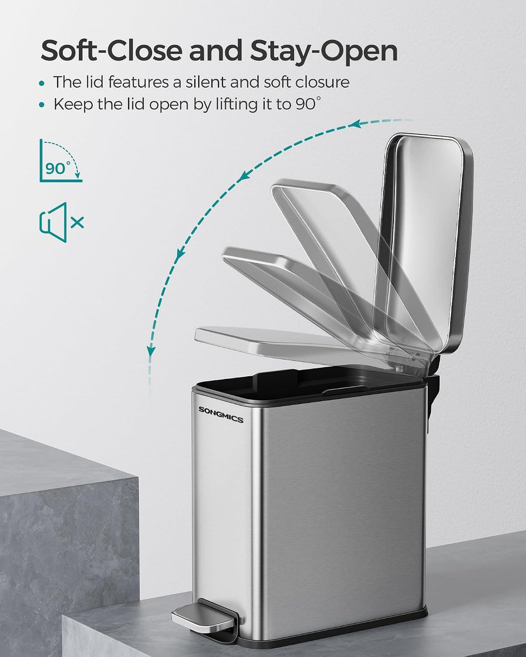SONGMICS Bathroom Trash Can, 1.3 Gallon Stainless Steel Trash Bin with Lid