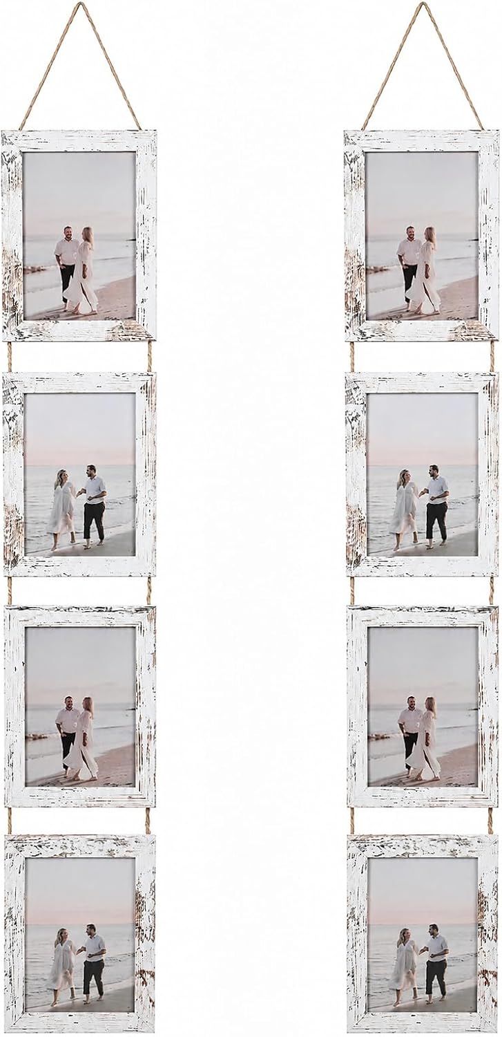 4x6 Distressed White Hanging Collage Picture Frames Set of 2, 8 Openings Collage Photo Frames Rustic Wooden Real Glass Vertical Hanging（Distressed White）