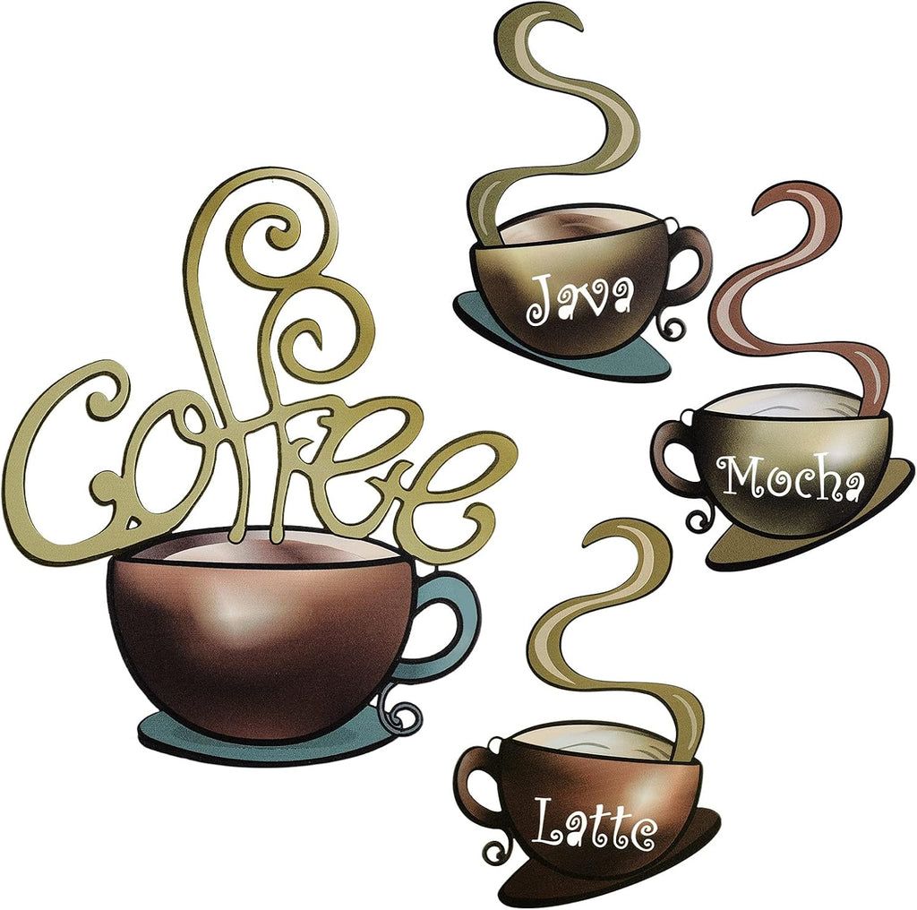 Hotop 4 Pcss Metal Coffee Cup Wall Art Decor Coffee Decor, Brown