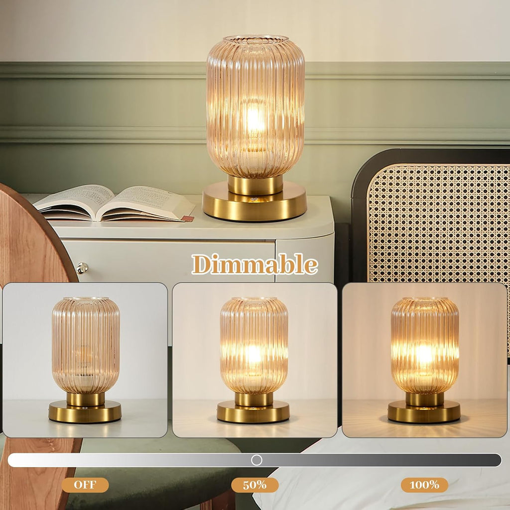 Rechargeable Amber Glass Table Lamp,Vintage Ribbed Bedside Lamp