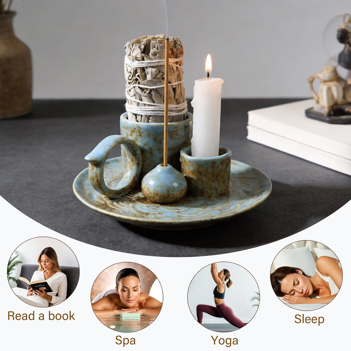 Tnstbiee 4-in-1 Blue Ceramic Palo Santo Burner, Small Smudge Tray Bowl