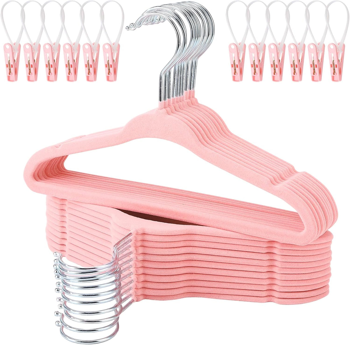 30 Pack Pink Velvet Baby Hangers with Clips Kids Clothes Hangers