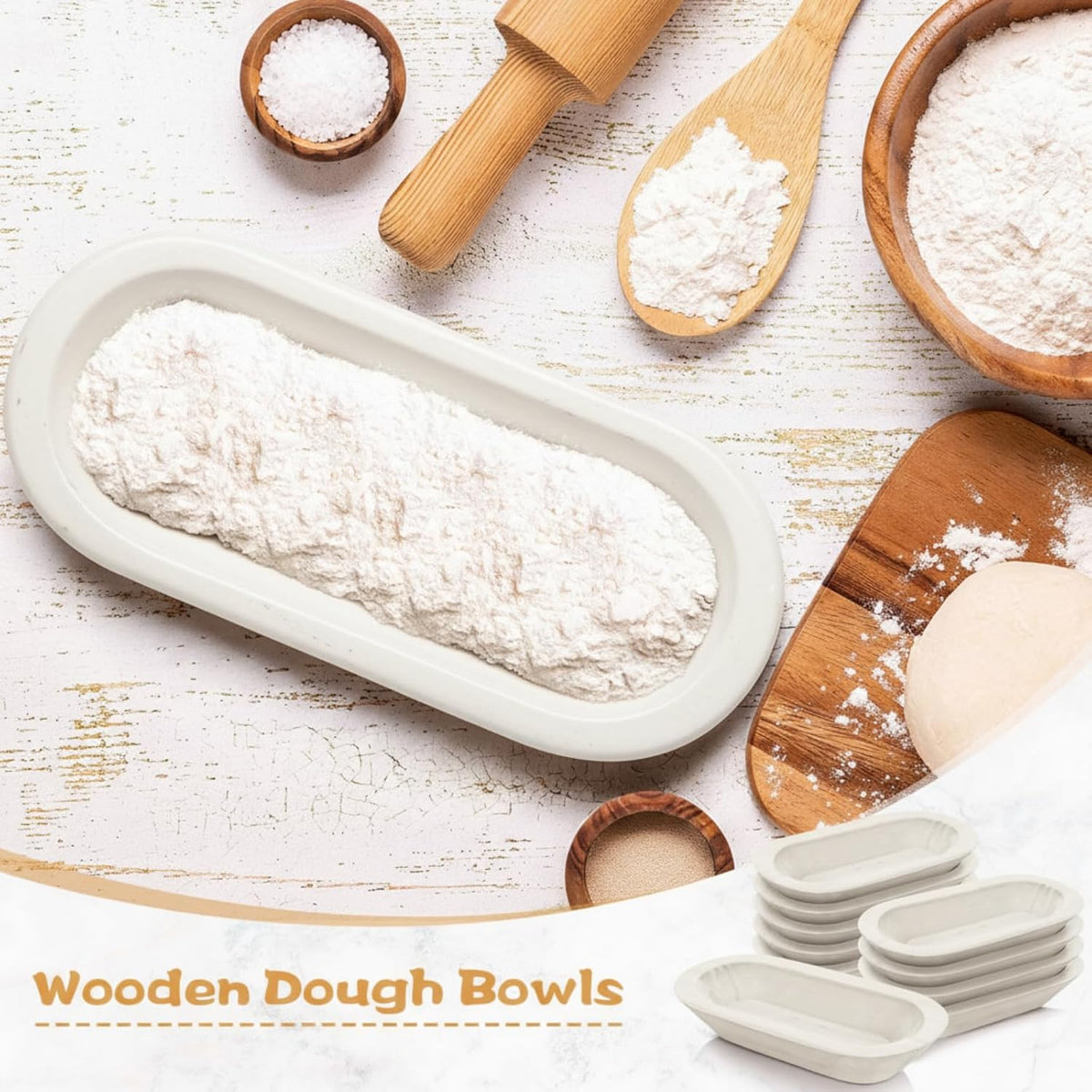 Nuogo 10 Pack 12.5 Inches Wooden Dough Bowls Bulk Rustic Bowls, White