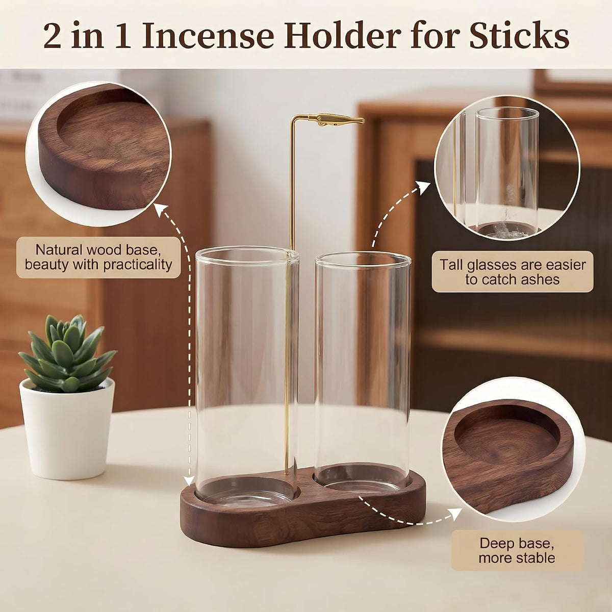 2-in-1 Incense Burner with Ash Catcher, Glass Incense Holder for Sticks