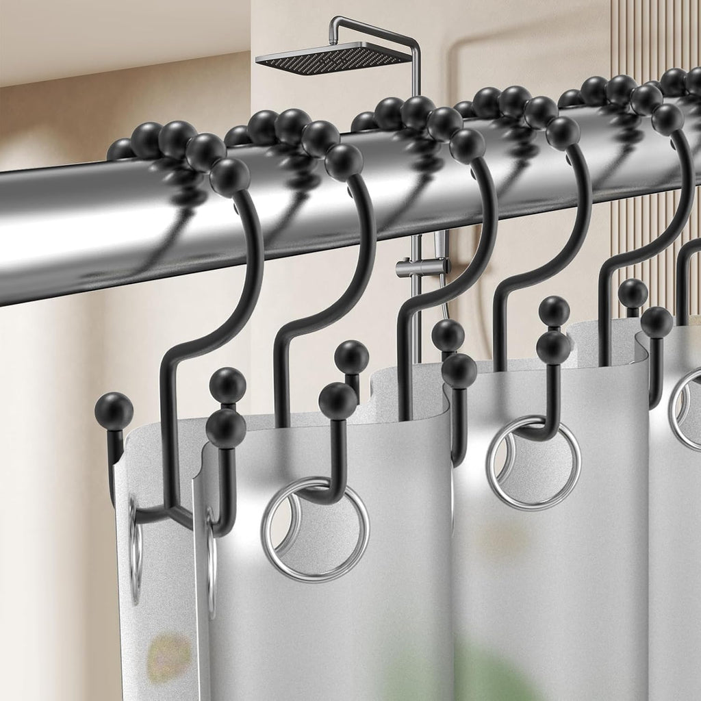 Shower Curtain Hooks Rings, Rust Proof Stainless Steel Shower Curtain Hooks Double Sided for Bathroom Shower Rods Curtains, Set of 12, Black