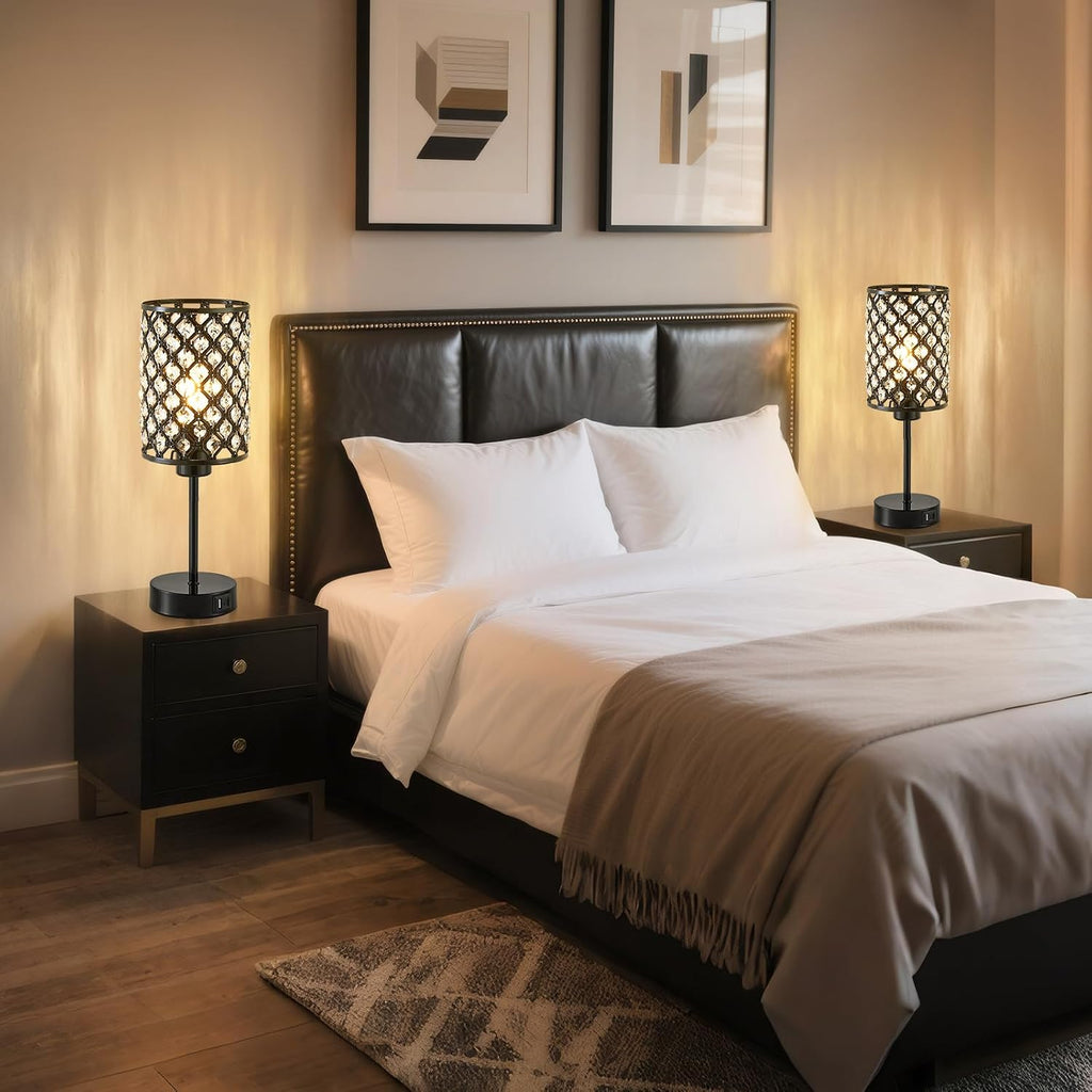 GyroVu Black Crystal Bedside Table Lamps Set of 2 with USB C+A Ports