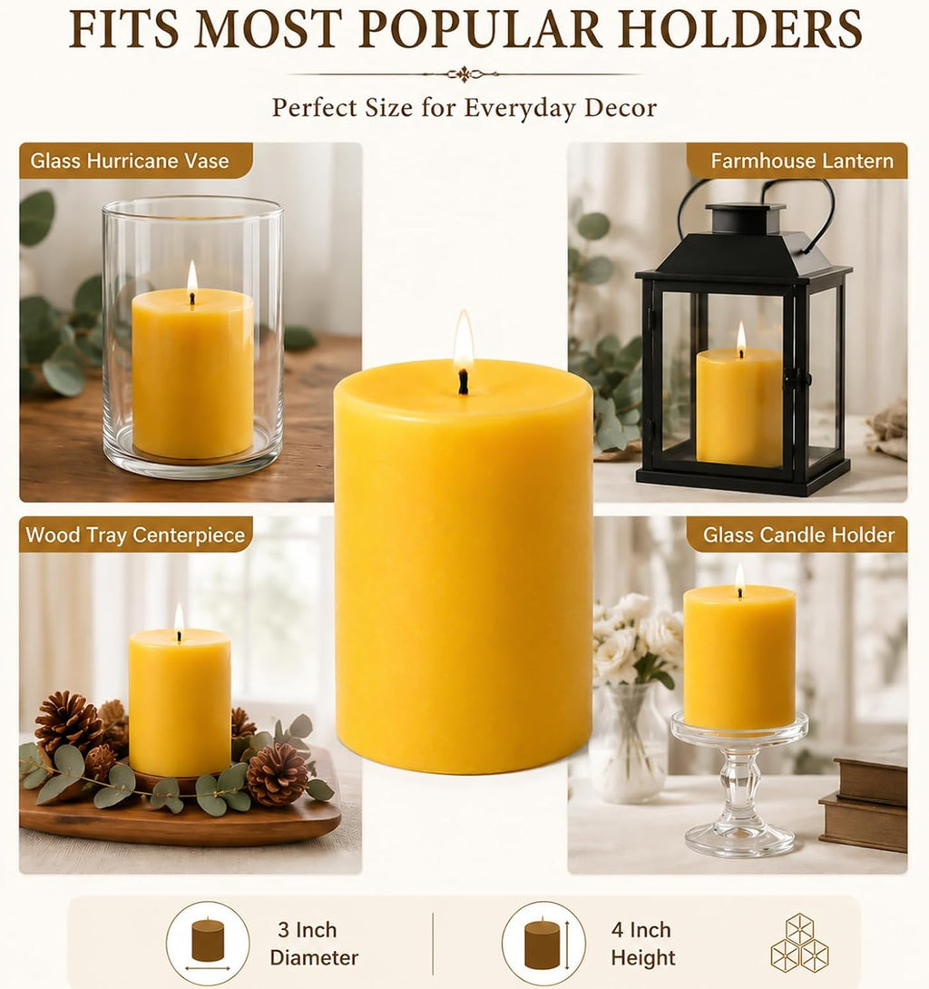 Beeswax Pillar Candles 3x4 Inch 2 Pack, Unscented Bee Wax
