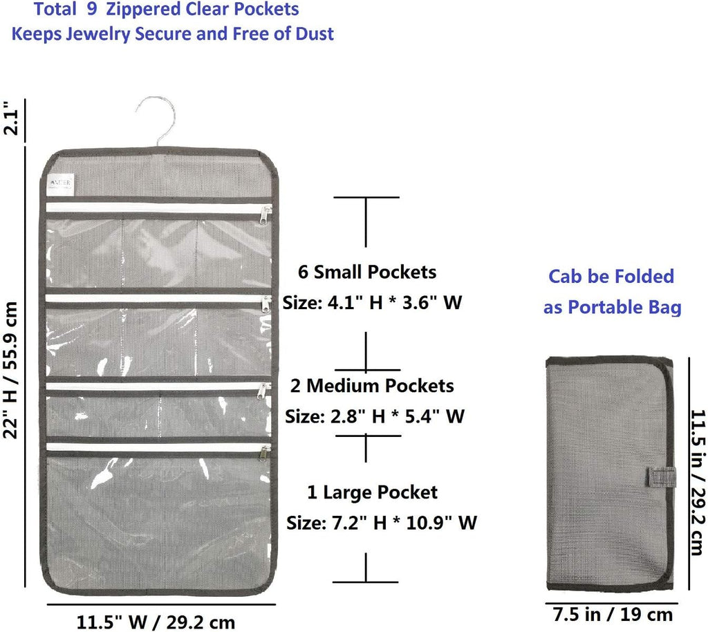 Travel Foldable Jewelry Rolls Bag Hanging Jewelry Organizer with 9 Zippered Clear Pockets Storage Pouch with Rotatable Hanger (GREY)
