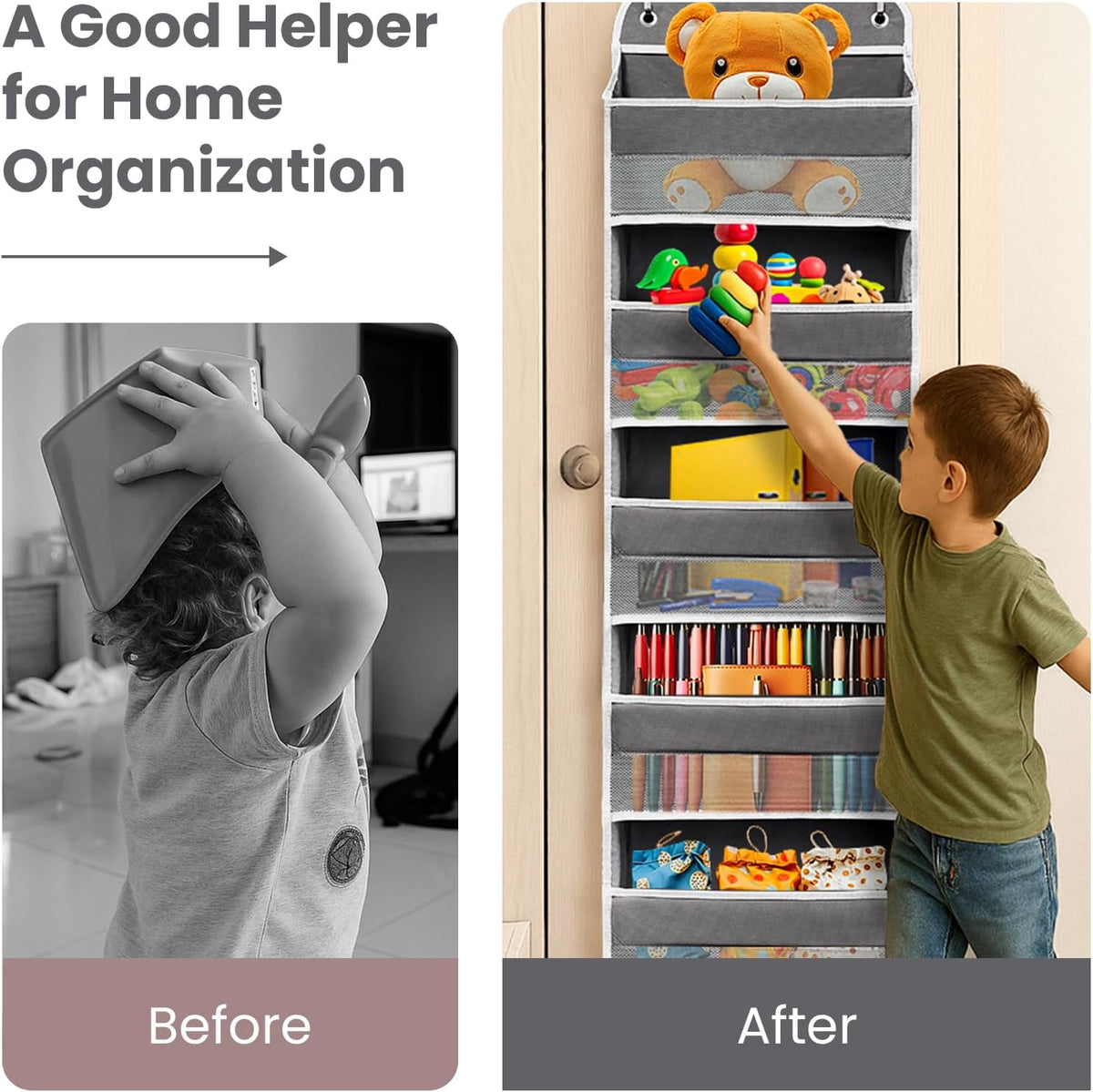 Ease of Assembly Over The Door Organizer,6 Tiers Anti Tilt Hanging Behind Door Storage, Heavy-Duty Reinforced Mesh Rack Holds 44lb for Bathroom,Pantry, Nursery,Closet, Shoes, Towels,Dark Grey