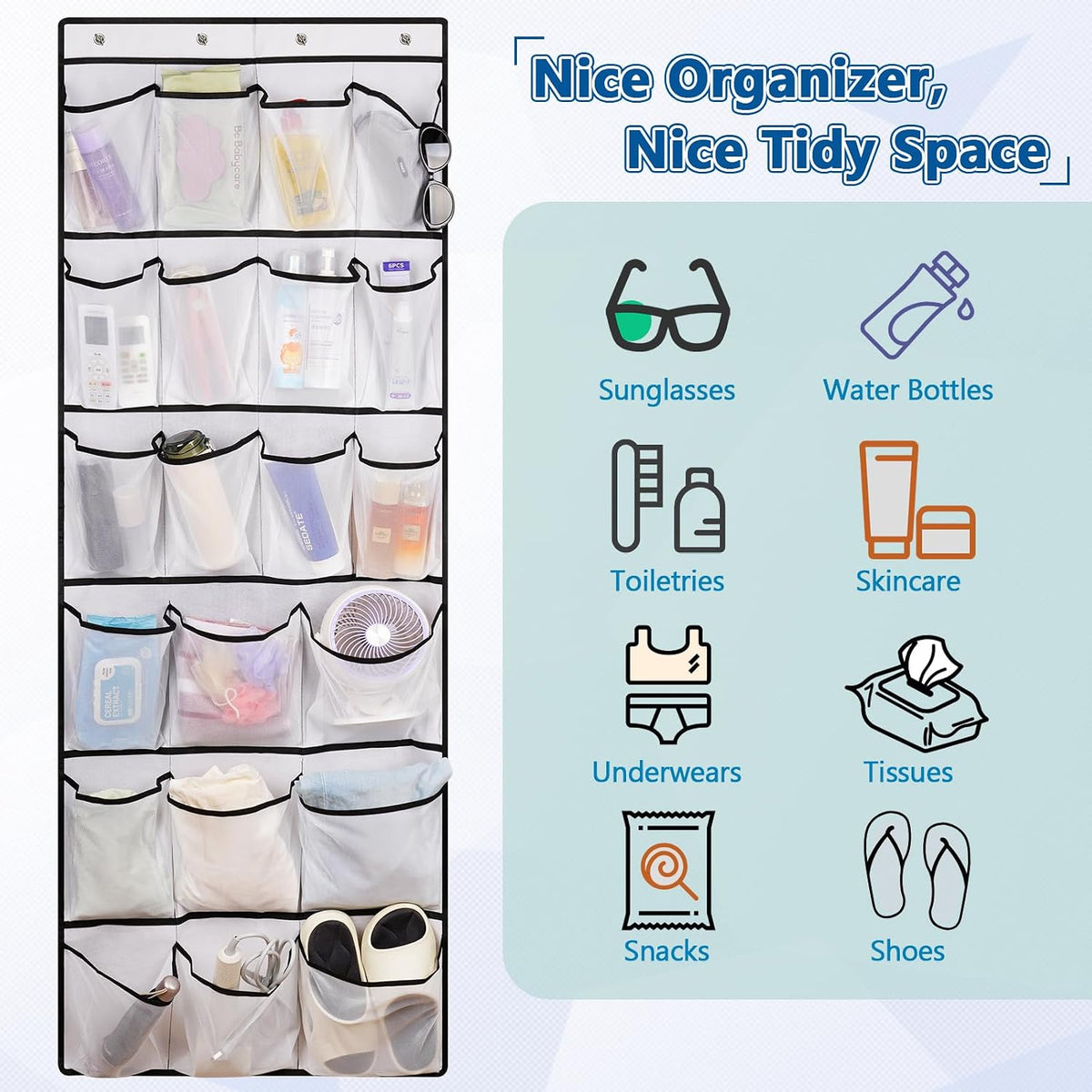 Over The Door Cruise Ship Organizer with 21 Size-Graded Pockets White