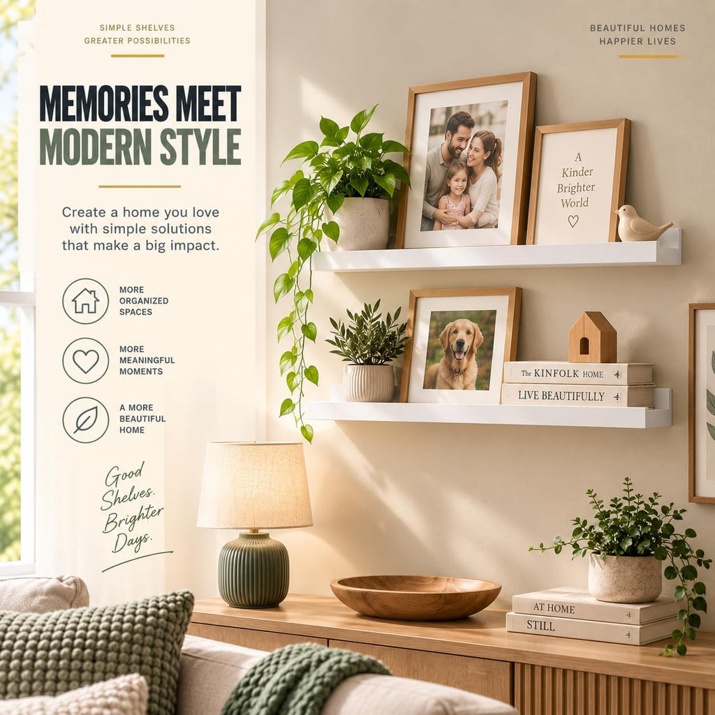 Greenco Picture Shelf, Set of 2 Wall Mounted Photo Ledge Floating Shelves for Bedroom, Living Room, Kitchen, Bathroom, Nursery Display, White Finish