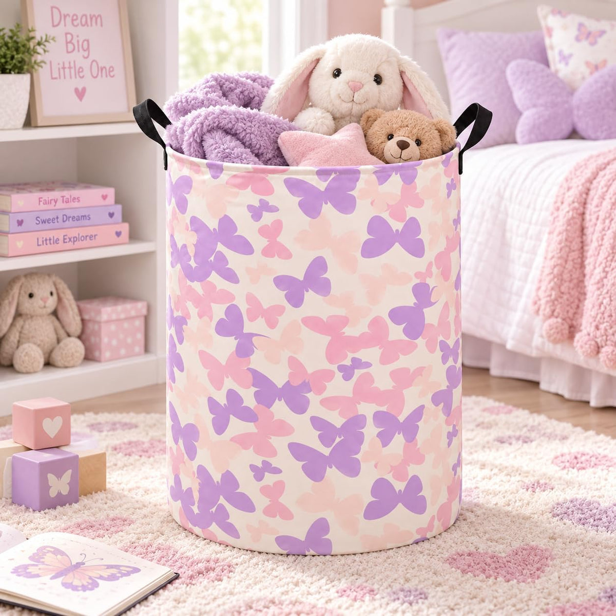 Collapsible Kids Laundry Basket Clothes Hamper, Foldable Storage Organizer Bin, Toy Clothes Storage with Handles for Boys Girls Bedroom, Room Decor Butterfly