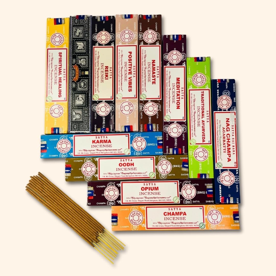 Satya Natural Incense Sticks Assortment – 12 Pack, 15g Each – Hand Rolled in India – Aromatherapy, Meditation, Yoga, Relaxation, Stress Relief, Home Fragrance