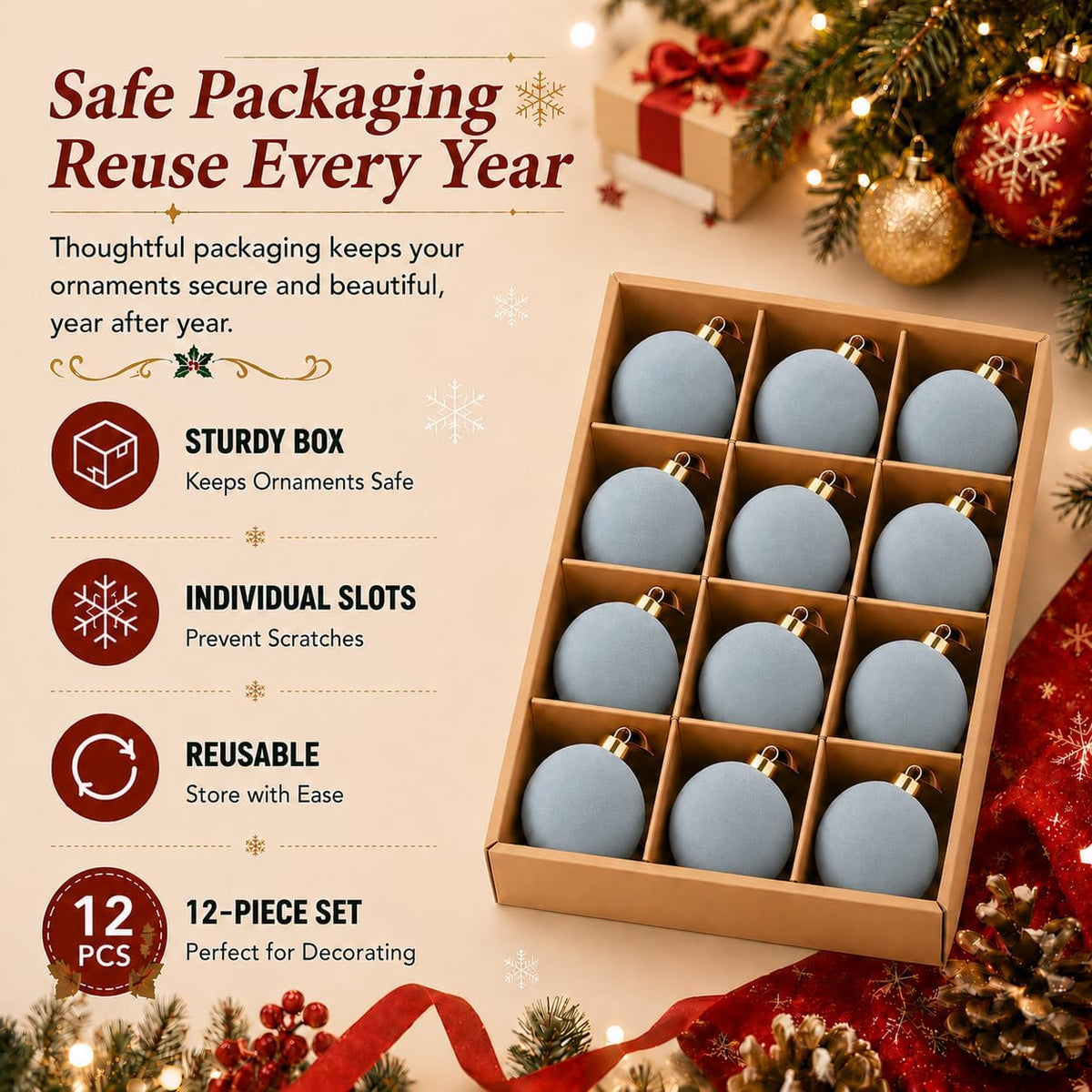 Light Blue Flocked Christmas Ball Ornaments 12 Pcs, 3.15 Inch Velvet Xmas Tree Balls Shatterproof Bulk, Velvet Christmas Ornaments Set for Xmas Tree Holiday Wedding Party Decor