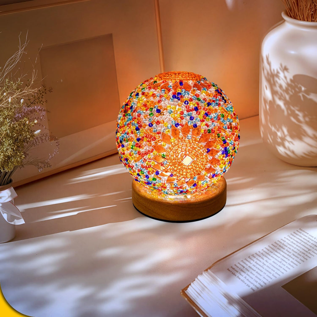 Turkish Mosaic Lamp, 3 Color Temperature Tiffany Bedside Lamp with USB Power, Moroccan Glass Lantern Table Lamp for Living Room Decor, Simple Control (D:4.7" x H:5.2") (Orange1)