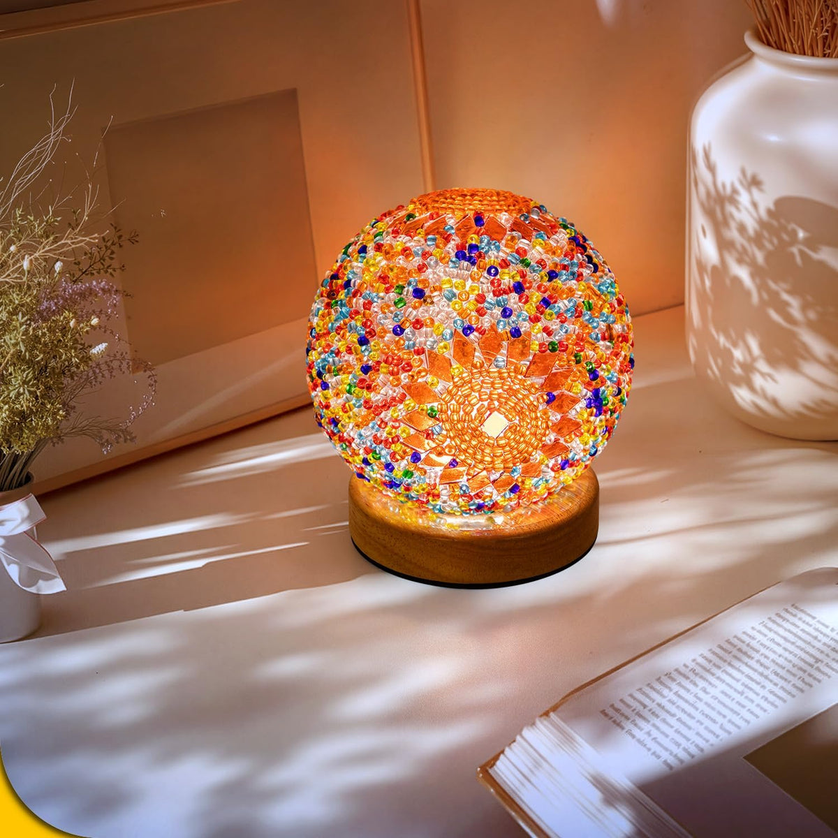 Turkish Mosaic Lamp, 3 Color Temperature Tiffany Bedside Lamp with USB Power, Moroccan Glass Lantern Table Lamp for Living Room Decor, Simple Control (D:4.7" x H:5.2") (Orange1)