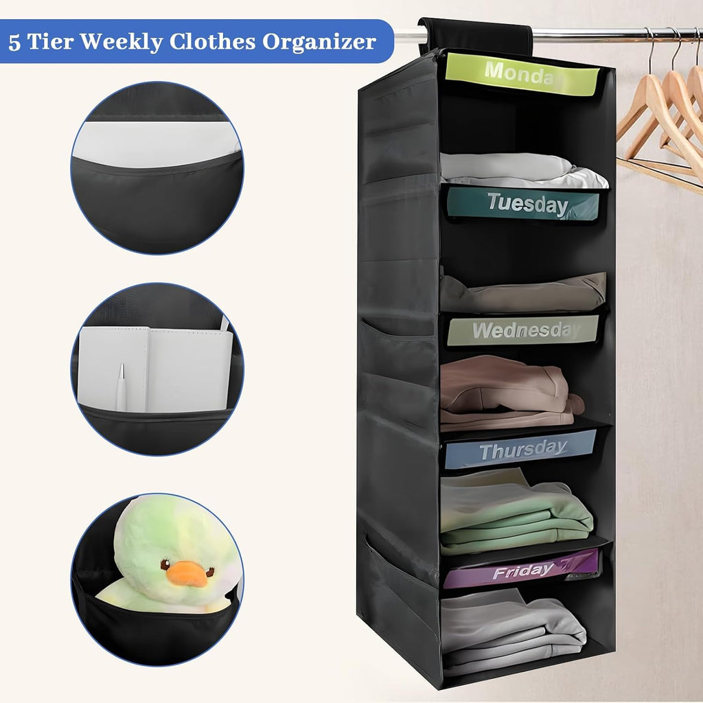 5-Shelf Weekly Clothes Organizer for Kids School Outfits (Black)