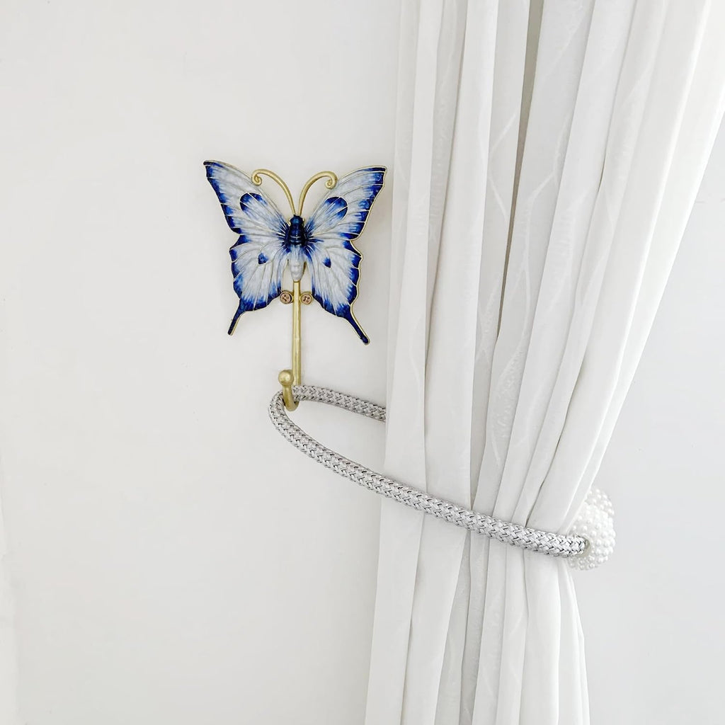 Vintage Butterfly-Shaped Decorative Wall Hooks, 2 Pack Hand-Painted Blue Butterfly Metal Wall Hook Rack Hangers for Hanging Coats, Clothes, Keys, Hats, and Towels