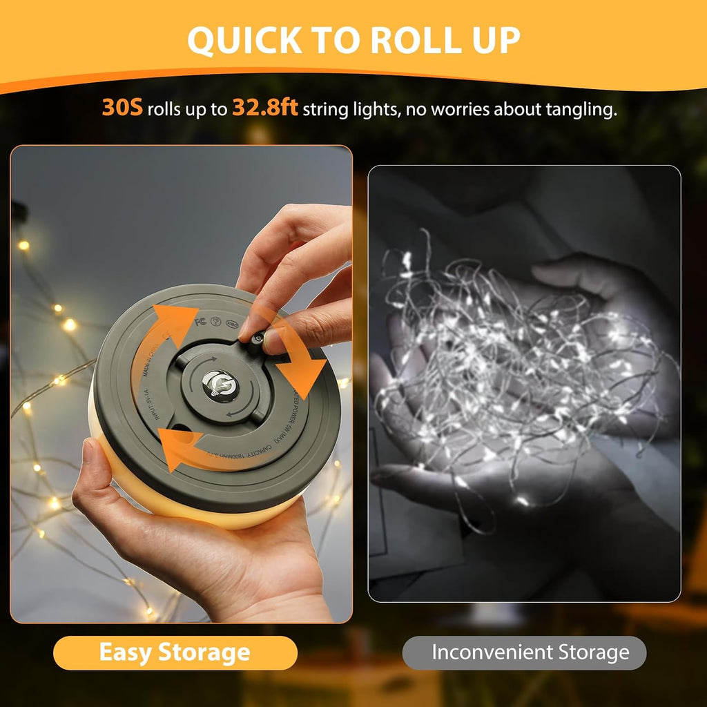 2Pack Camping String Lights, 4 in 1 Quick Storage 32.8FT 9 Modes Portable