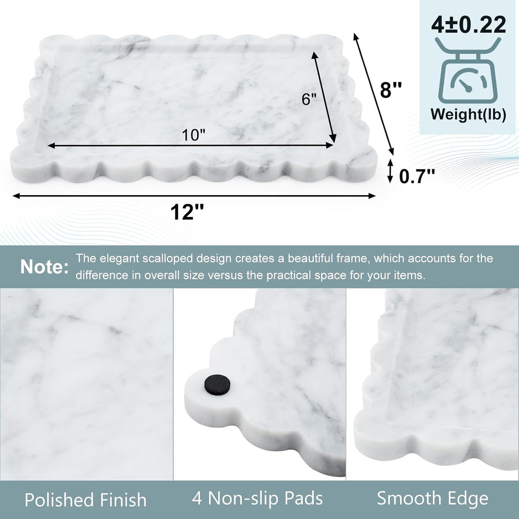 Scalloped Natural Marble Tray - Decorative Stone Tray for Bathroom & Vanity