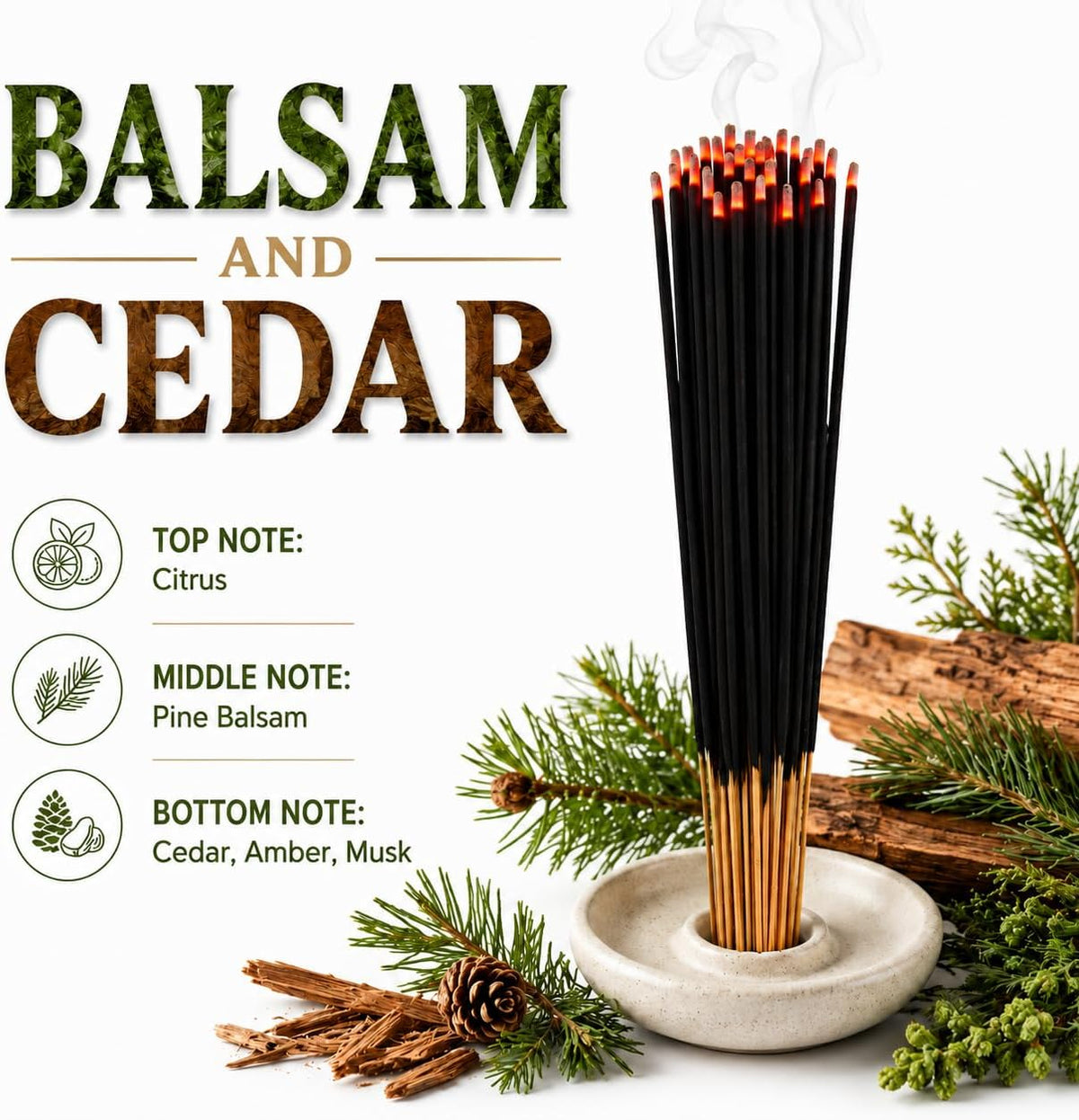 Balsam and Cedar Incense Sticks 11" - 1 Bundle 85 to 100 Sticks - Smooth and Clean Long Burn Time, 45 to 60 Minutes.