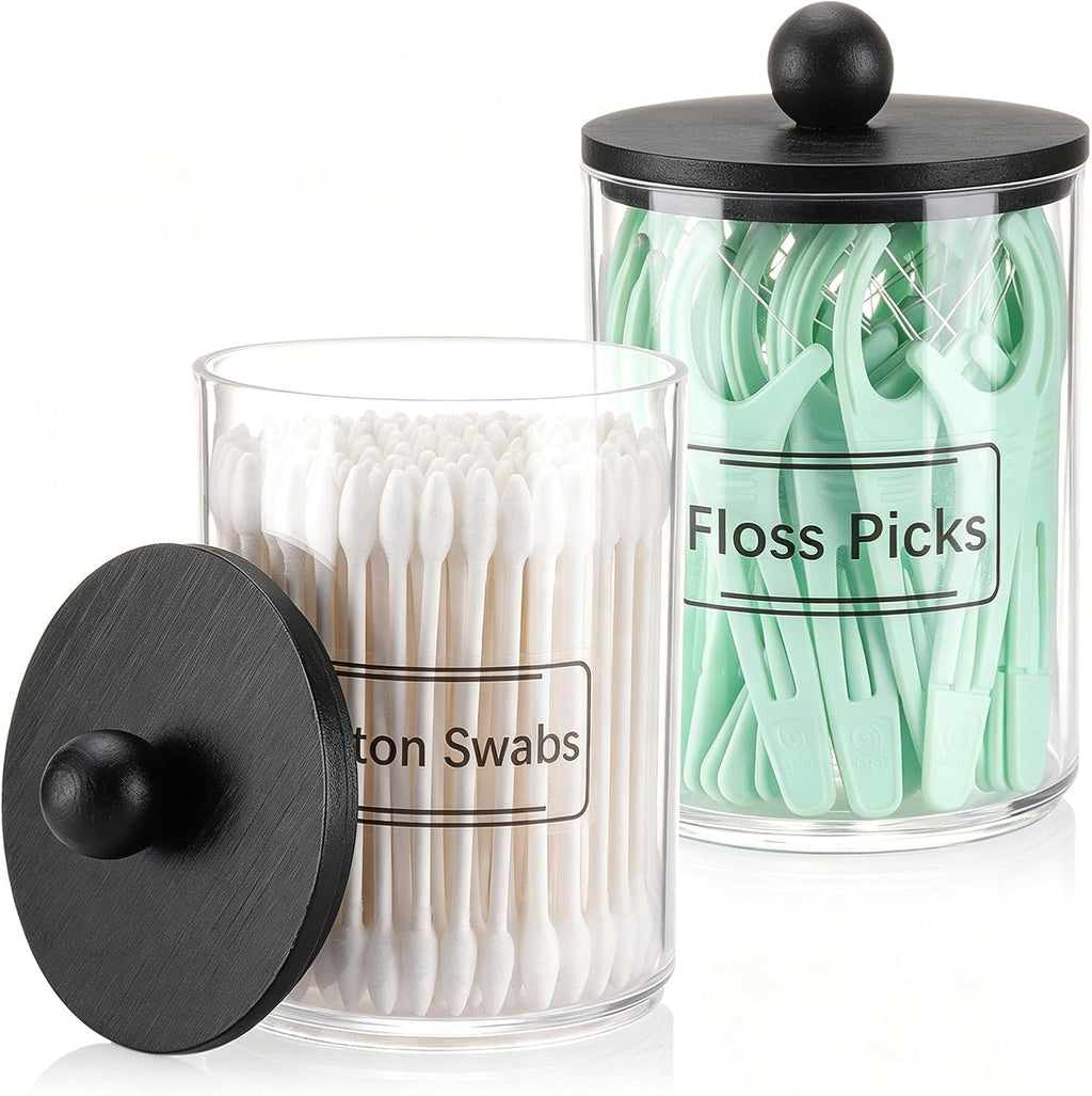 Tbestmax 10-Ounce Qtip Holder, Bathroom Organizer Accessories Storage Containers Clear Plastic Bathroom Jars with Wood Lids for Cotton Ball, Cotton Swab, Floss - Black, Pack of 2