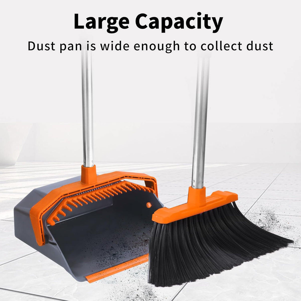 Broom and Dustpan Set for Home, 51" Long Handle Standing Pan Grey Orange
