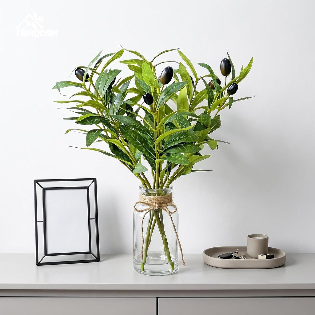 Artificial Olive Branches in Glass Vase with Faux Water,13.5" Fake Plants for Bathroom Shelf Decor, Farmhouse Centerpieces for Tables, Small Desk Plants for Home Office Decor (Olive Branches)
