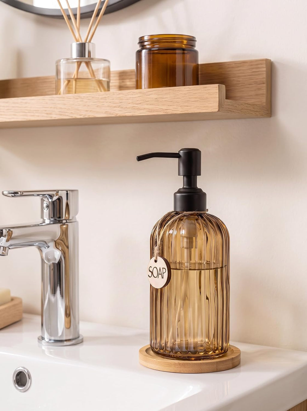 JASAI 18Oz Amber Glass Soap Dispenser with Black Pump for Hand Soap