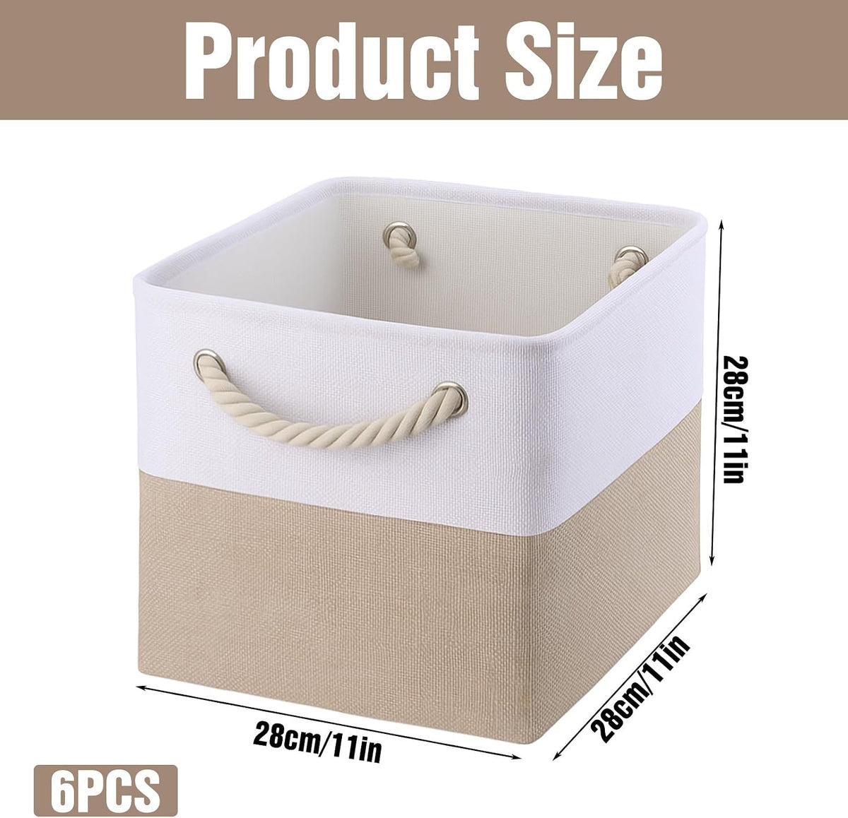 11 x 11 Inch Cube Storage Bins, 6 Pack Foldable Linen Organizer with Rope Handles for Home, Office, Closet, Clothes, Toys, White and Beige
