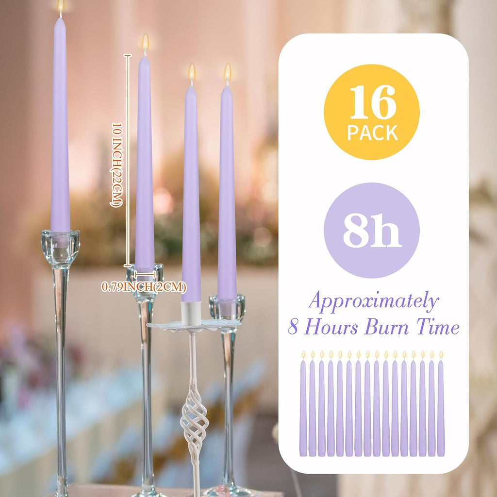 MTLEE 16 Pcs 10 Inch Taper Candle Sticks Smokeless Unscented, Light Purple
