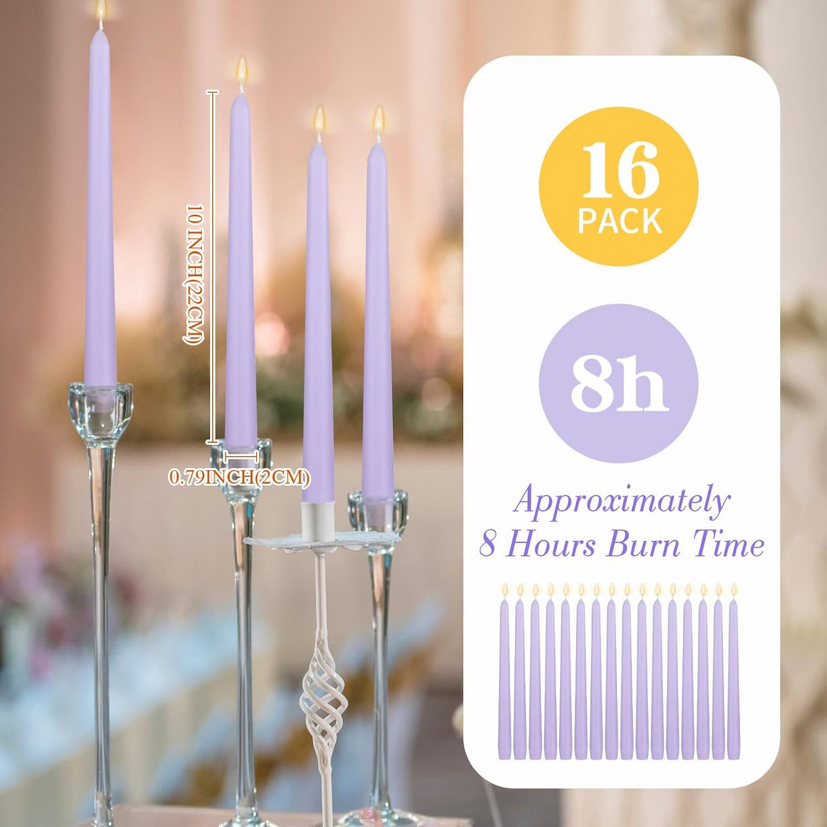 MTLEE 16 Pcs 10 Inch Taper Candle Sticks Smokeless Unscented, Light Purple
