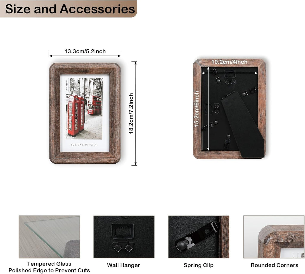 4x6 Wooden Picture Frame,Rustic Barn Wood with Clear Tempered Glass
