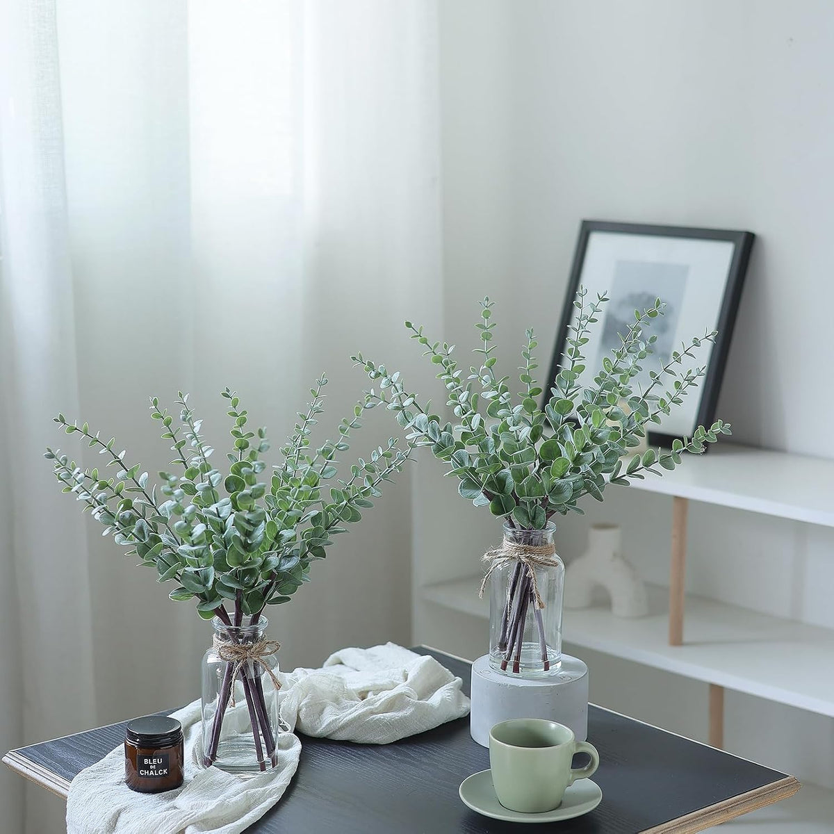 17.5" Artificial Eucalyptus Stems in Glass Vase with Faux Water(Sage Green)
