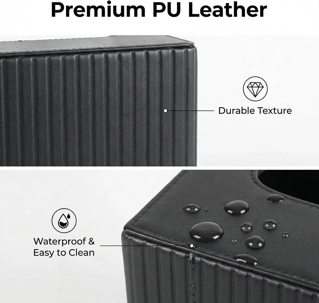 Square PU Leather Tissue Box Cover Holder with Magnetic Bottom Modern Cube Fits for Vanity, Bathroom, Bedroom, Living Room, Office,Nightstand(Black Stripe)