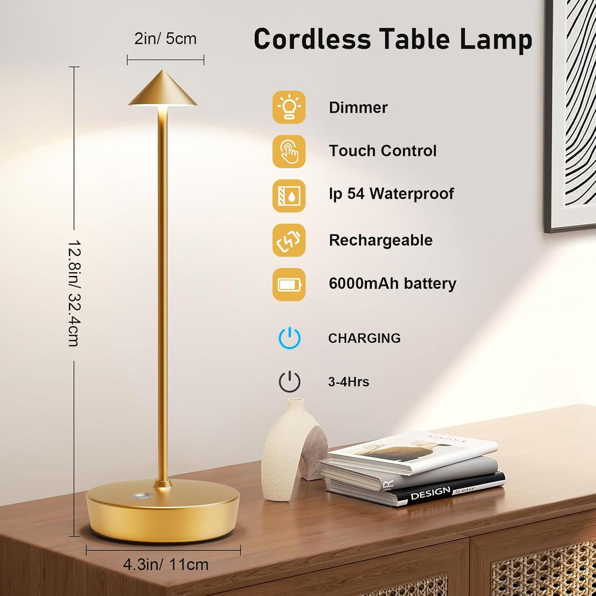 Set of 2 Cordless Rechargeable Led Table Lamp Battery Operated Light Gold