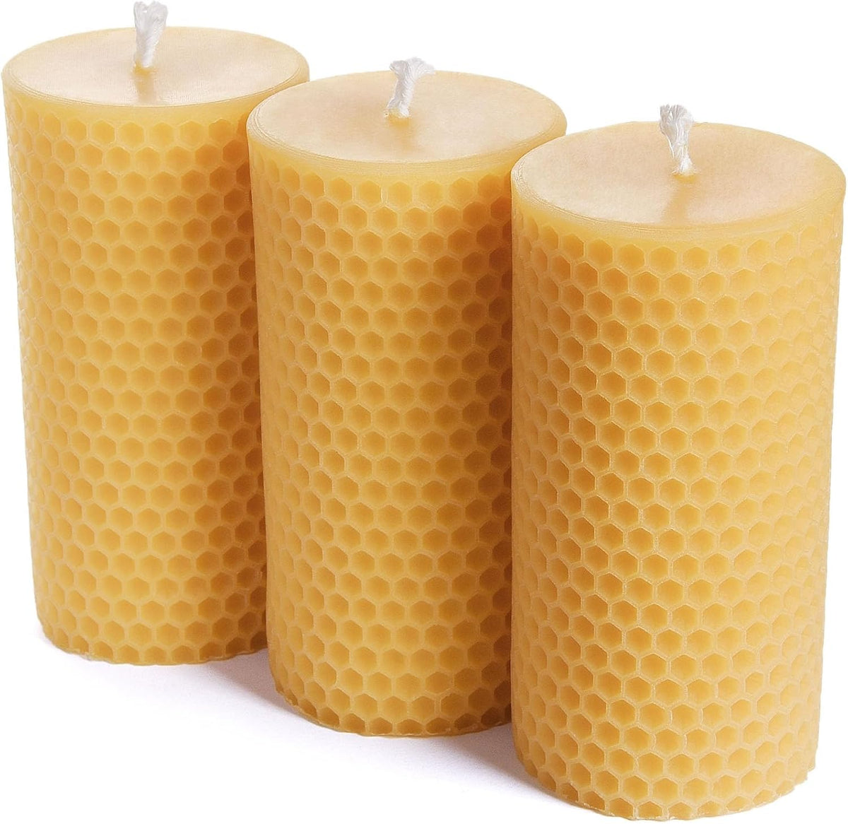 2 inch Wide Yellow Honeycomb Beeswax Pillar Candles, Unscented, 3-Pack