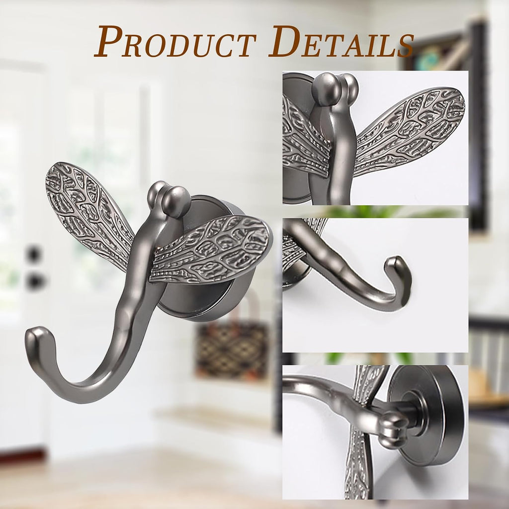 2 Pack Dragonfly Decorative Wall Hooks, Vintage Boho Coat Hooks Heavy Duty, Zinc Alloy Rust-Proof Towel Hooks for Bathroom, Entryway Hooks for Hanging Coat, Towel, Robe, Hat, Purse, Keys(Grey)