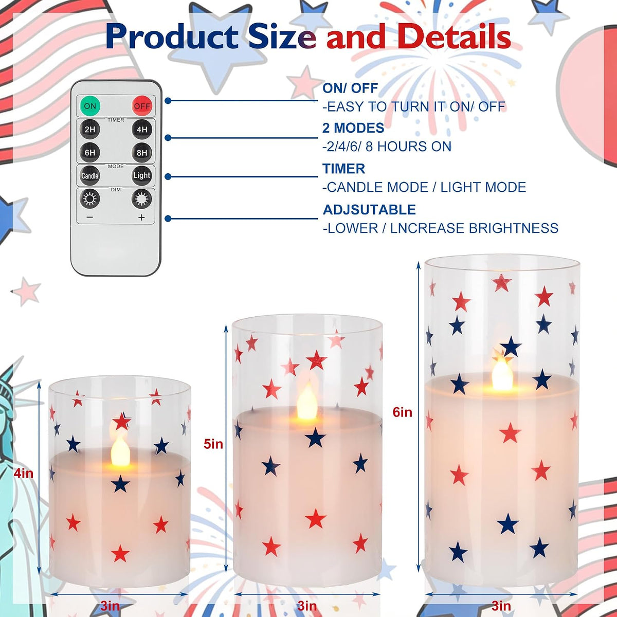 4th of July Candles, Glass Flameless Pillar Candles with Remote and Timer, Red White Blue Star Patriotic LED Candles, 250th Anniversary Battery Operated Independence Day Indoor Decor Set of 3