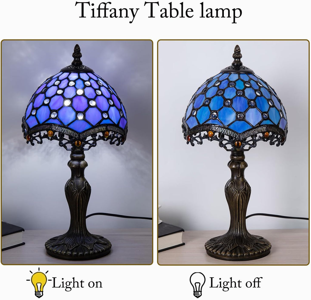 Small Tiffany Style 8 inch Blue Stained Glass Table Lamp