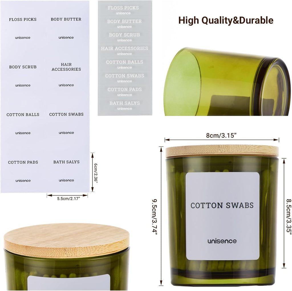 2 Pack Glass Qtip Holder Dispenser Set - Q Tip Holder for Bathroom Canister Qtip Dispenser with Lid for Cotton Balls, Swabs, Floss Picks, and Makeup Sponges ,Olive Green,Large Capacity