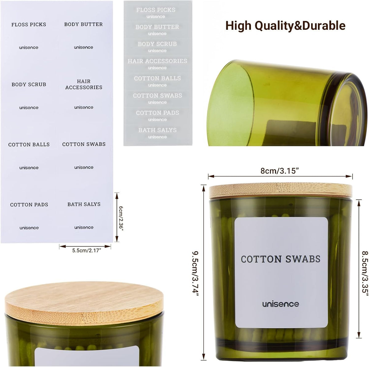 2 Pack Glass Qtip Holder Dispenser Set - Q Tip Holder for Bathroom Canister Qtip Dispenser with Lid for Cotton Balls, Swabs, Floss Picks, and Makeup Sponges ,Olive Green,Large Capacity