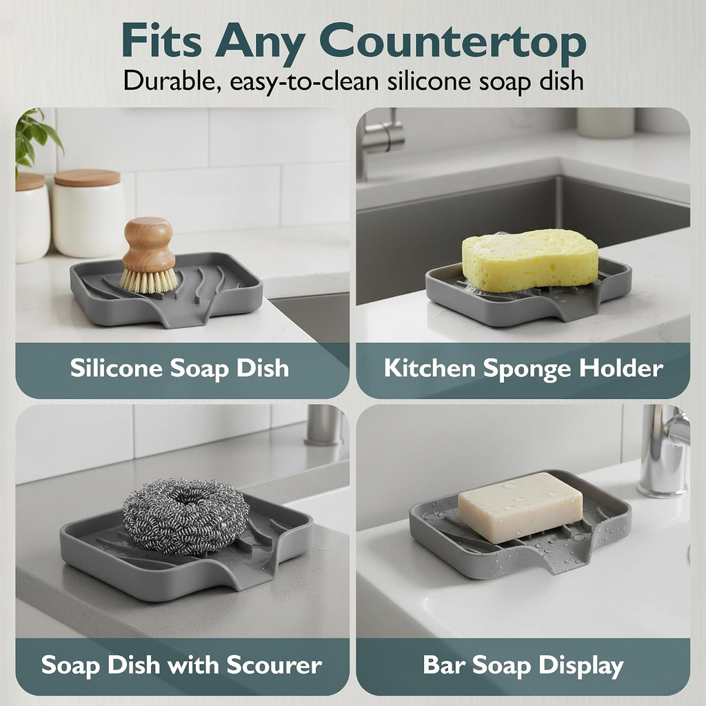 Self Draining Soap Dish with Drain Spout - Bar Soap Holder for Bathroom & Kitchen Sink - Flexible Non-Slip Silicone Soap Holder for Bar Soap, Sponge & Scrubber - 1 Pack