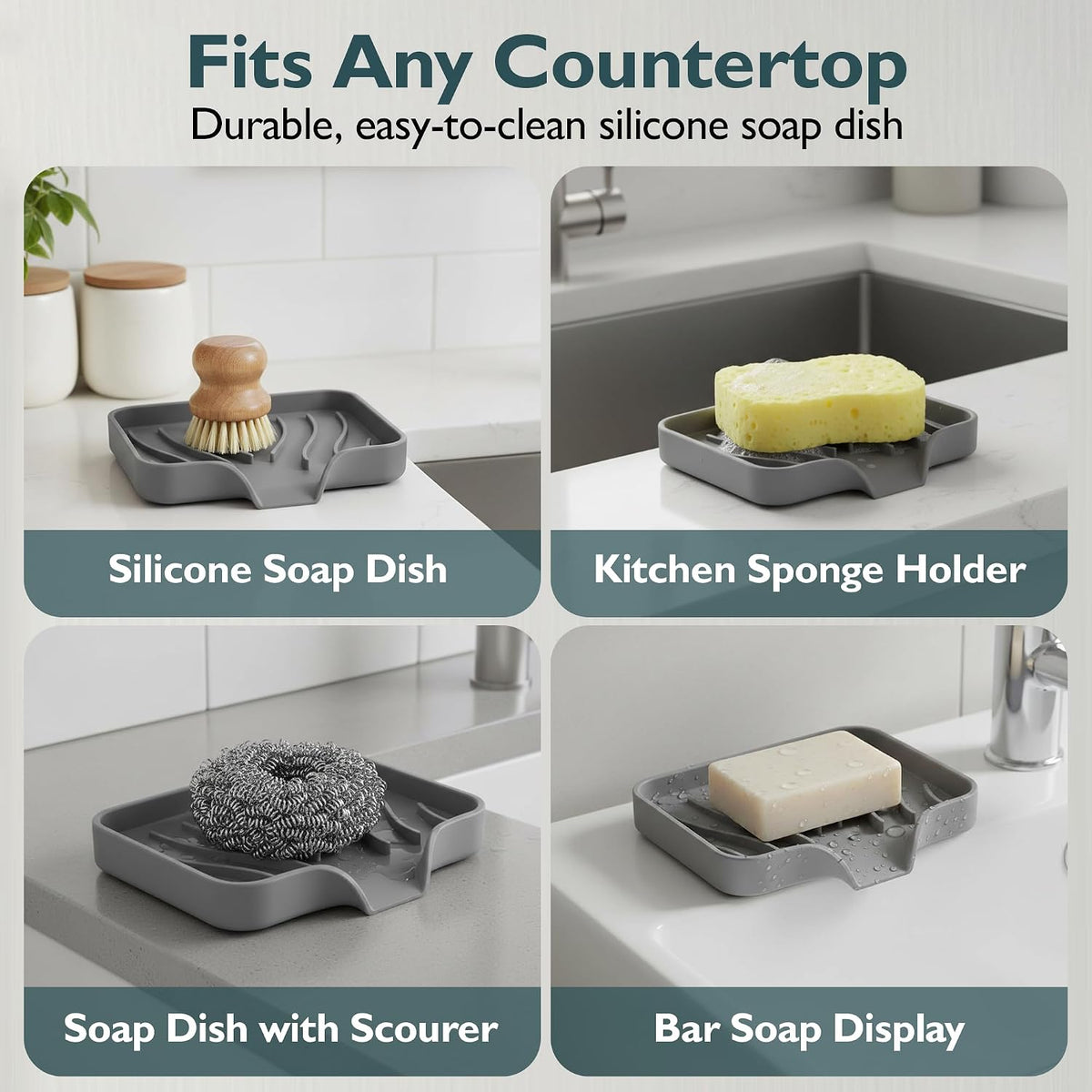 Self Draining Soap Dish with Drain Spout - Bar Soap Holder for Bathroom & Kitchen Sink - Flexible Non-Slip Silicone Soap Holder for Bar Soap, Sponge & Scrubber - 1 Pack