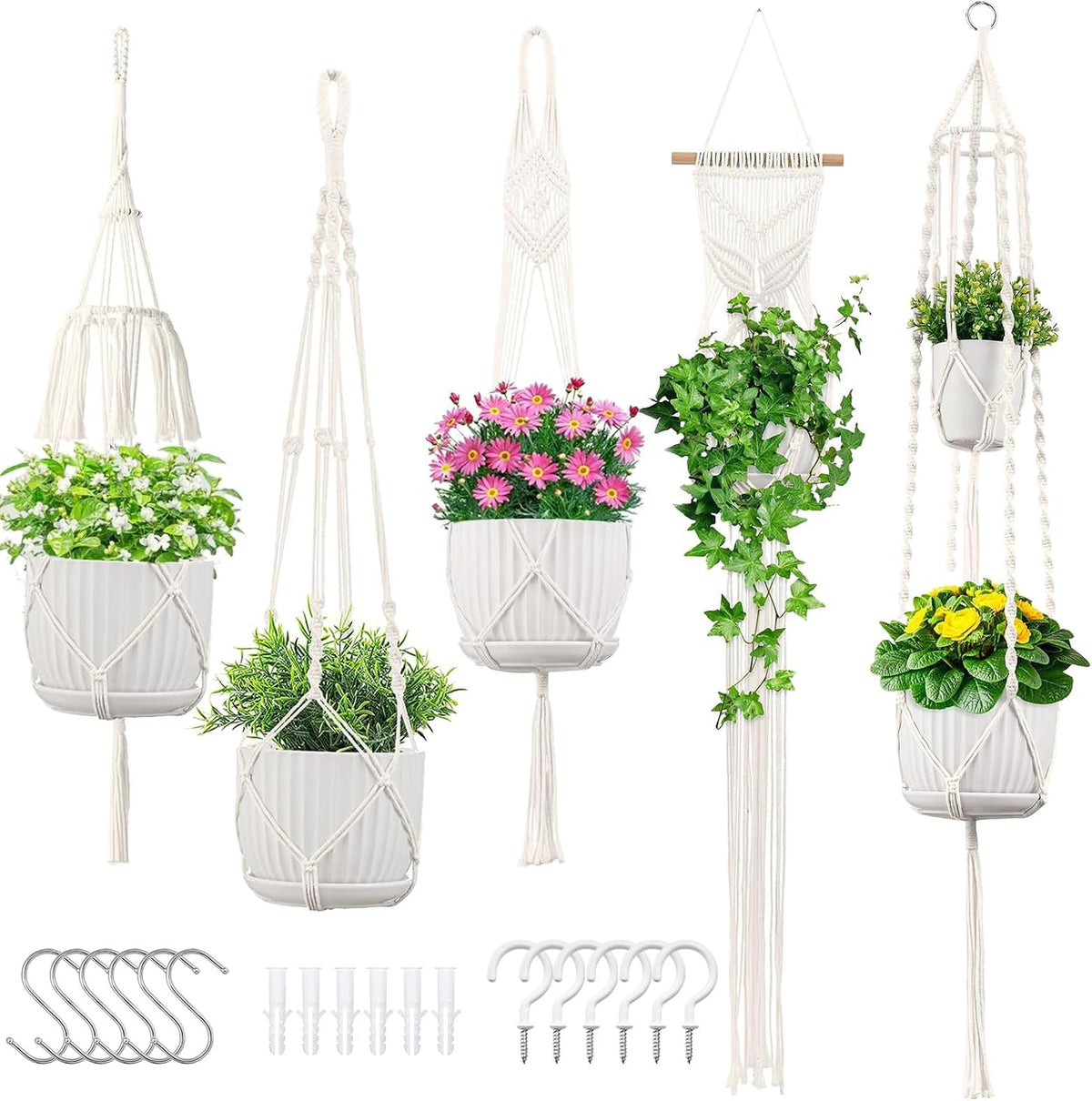 Macrame Plant Hangers 5Pack, Handmade Cotton Rope Hanging Planters