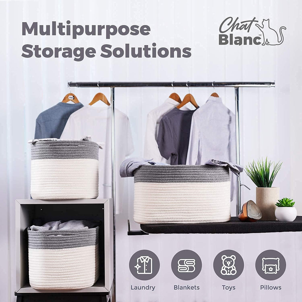 CHAT BLANC Cotton Rope Baskets for Organizing, Shelves, Toys, Storage, Shoe, Bathroom, Laundry, Towel, Nursery, Home Decor, Blanket, Cloth Woven Bins Fabric (Dark Gray & Creamy White7, 15"x10"x9")