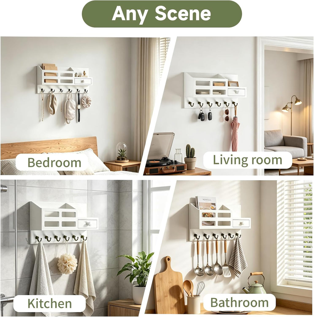 White Key and Mail Holder for Wall with 6 Hooks and Storage Drawer Drawer & Mail Storage Compartment, 2 Installation Options, Space‑Saving for Entryway, Hallway & Mudroom