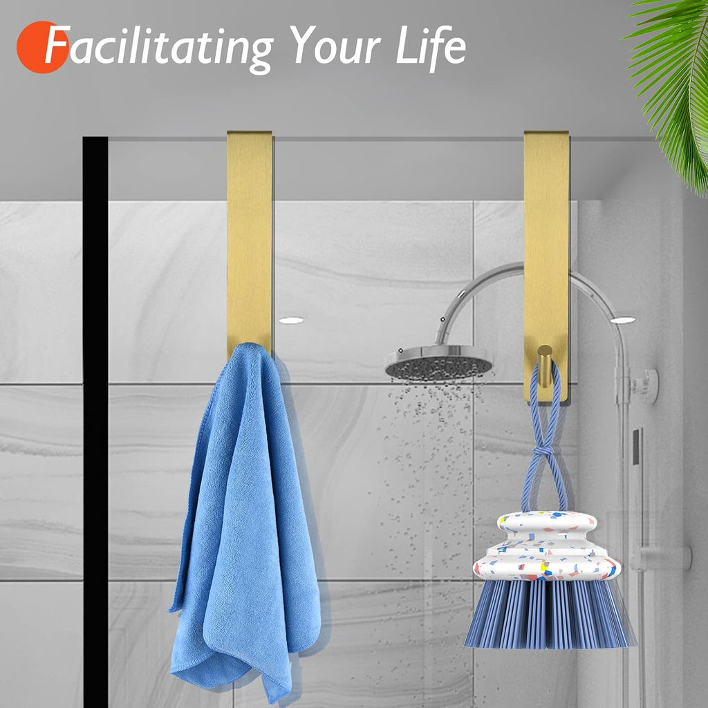 Kontoyo Shower Door Hooks(10 Inch),Extended Over Door Hooks for Bathroom Frameless Glass Shower Door,Stainless Steel Towel Hooks,Heavy Duty Rack Hooks for Robe,Towel-2 Pack-Gold