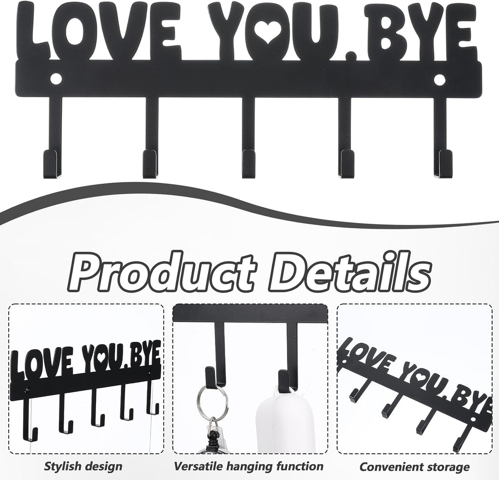 Key Holder Wall Mount, Large 'Love You.Bye' Entryway Organizer with 5 Hooks,Black Metal Key Hanger —No Drill Adhesive for Home Wall Decor